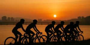석양이 지는 강변을 로드 자전거 팩이 지나가고 있습니다. 모두 실루엣만 보입니다.