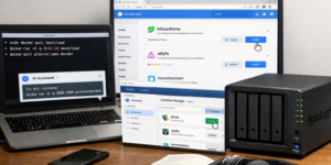 시놀로지 NAS 를 Docker 를 이용하여 활용하는 책상 모습, 책, synology NAS, 랩탑이 올려있는 책상위