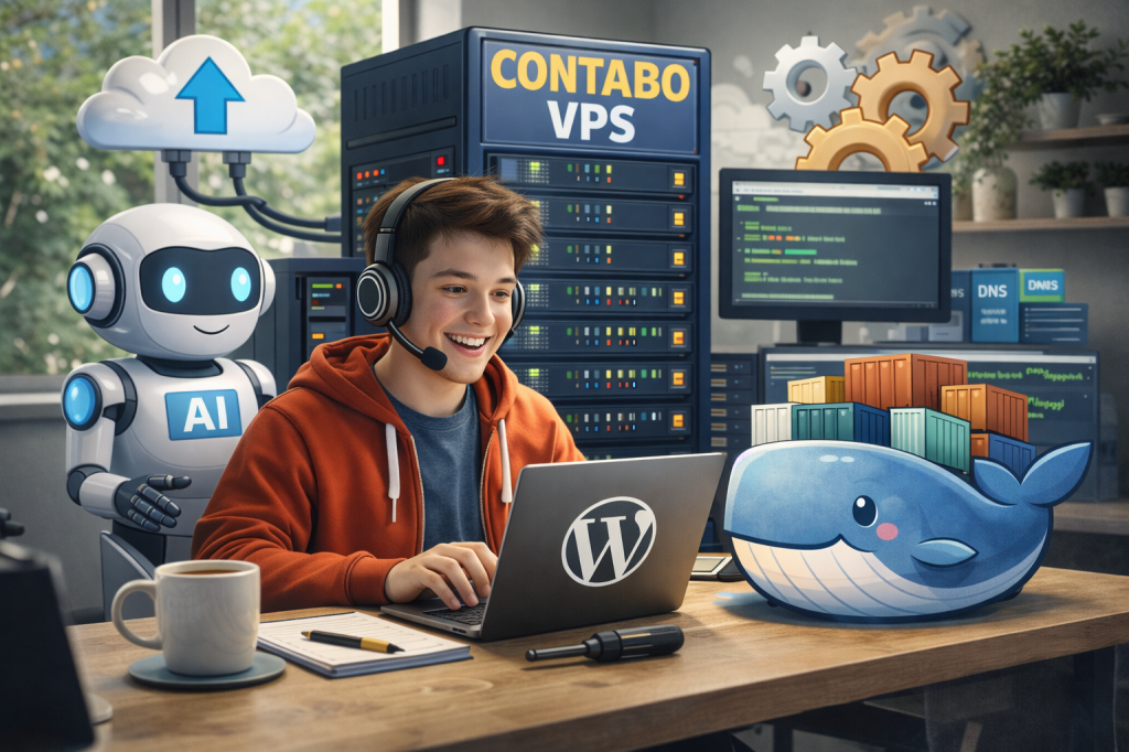 워드프레스 서버 이전 후기, 워드프레스를 작성하고 있는 가상의 이미지. 도커와 AI 를 활용하고 있다