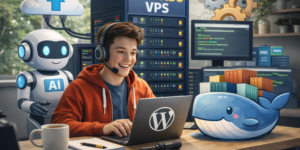 워드프레스 서버 이전 후기, 워드프레스를 작성하고 있는 가상의 이미지. 도커와 AI 를 활용하고 있다